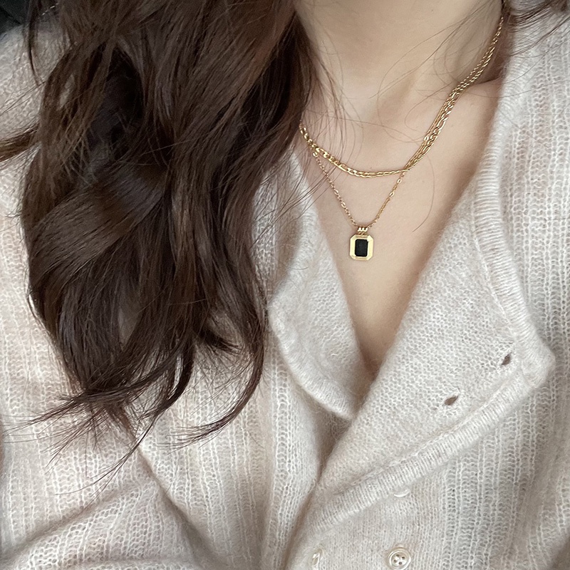 Papaozhu Retro Rantai Ganda Hitam Persegi Liontin Emas Kalung Untuk Wanita Gadis Temperamen Geometris Keringat Rantai Bergaya Leher Perhiasan