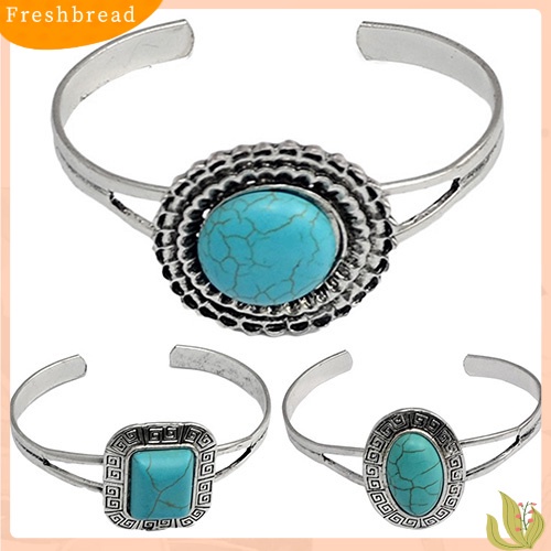 &lt; Freshbread &gt; Perhiasan Wanita Gaya Retro Geometris Turquoise Pembukaan Manset Bangle Gelang