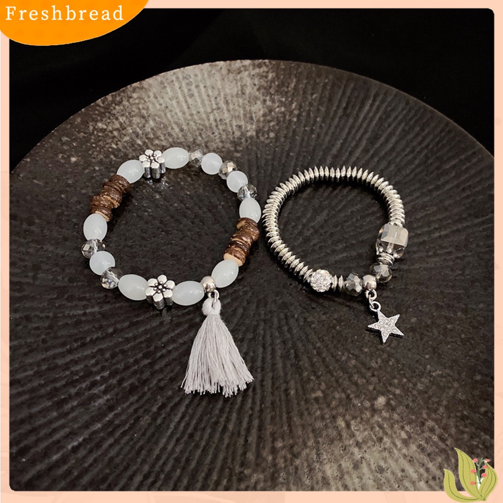 &lt; Freshbread &gt; 2Pcs/Set Couple Gelang Gaya Etnik Manik-Manik Elastis Berlian Imitasi Bintang Liontin Hadiah Elegan Adjustable Kristal Imitasi Jumbai Pria Gelang Fashion Perhiasan