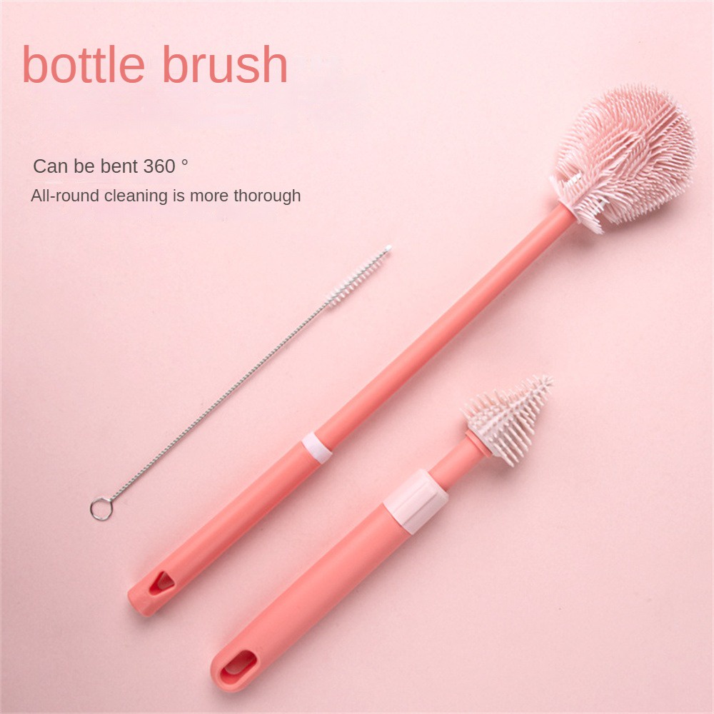 ღ 3 Buah Botol Bayi Sikat Adjustable Telescopic Rod Dot Bayi Cup Nipple Cleaning Brushes Set Handheld Lembut Kepala food Grade Sikat Pembersih