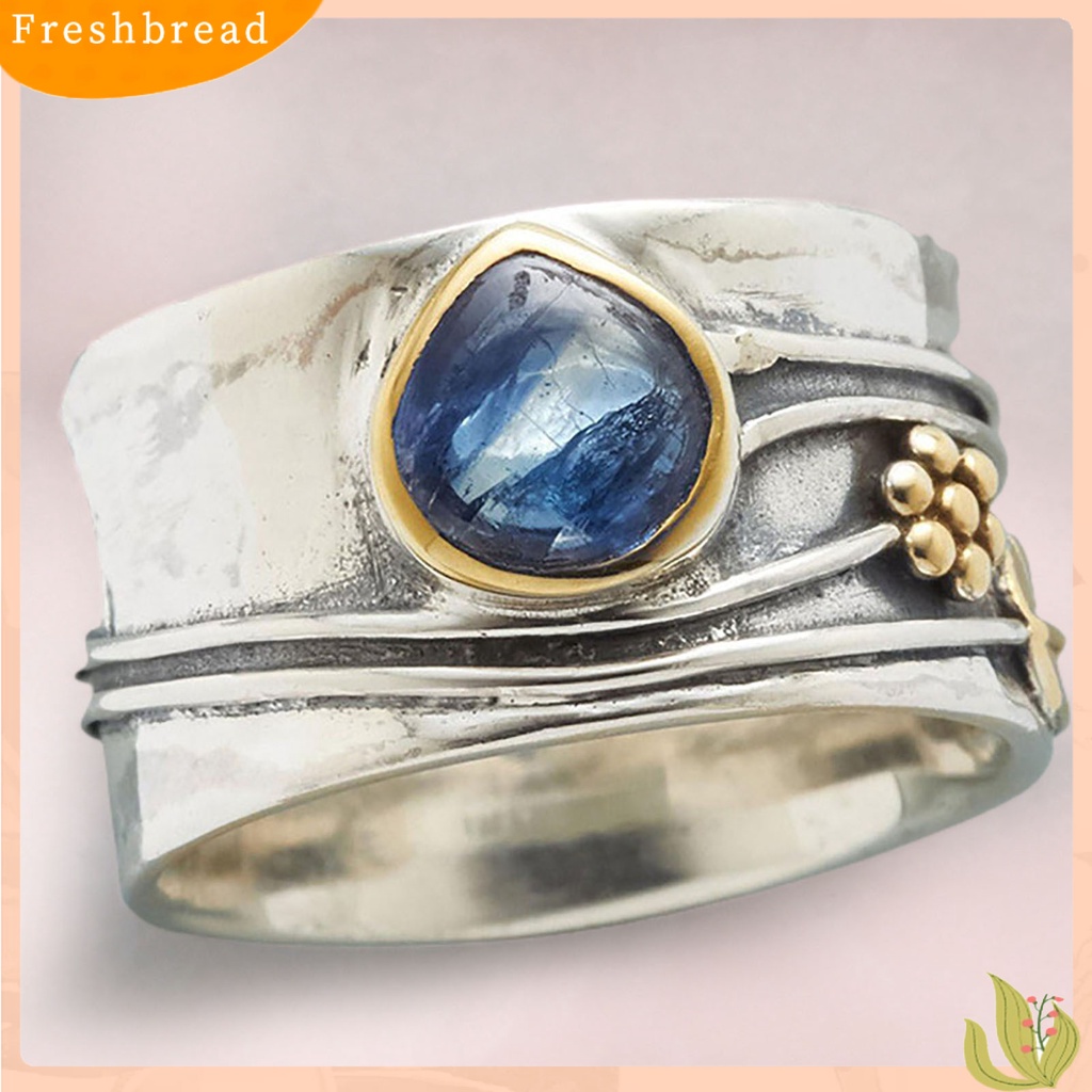 &lt; Freshbread &gt; Cincin Vintage Two-tone Pernyataan Sederhana Biru Permata Imitasi Daun Bunga Jari Cincin Perhiasan Aksesoris
