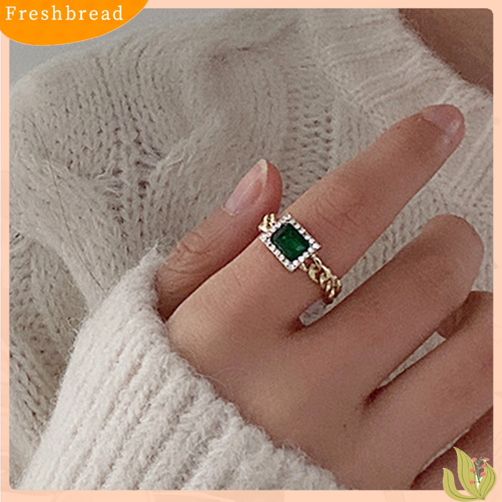 &lt; Freshbread &gt; Ring Cincin Rantai Zircon Hijau Bahan Metal Halus Gaya Perancis Untuk Club
