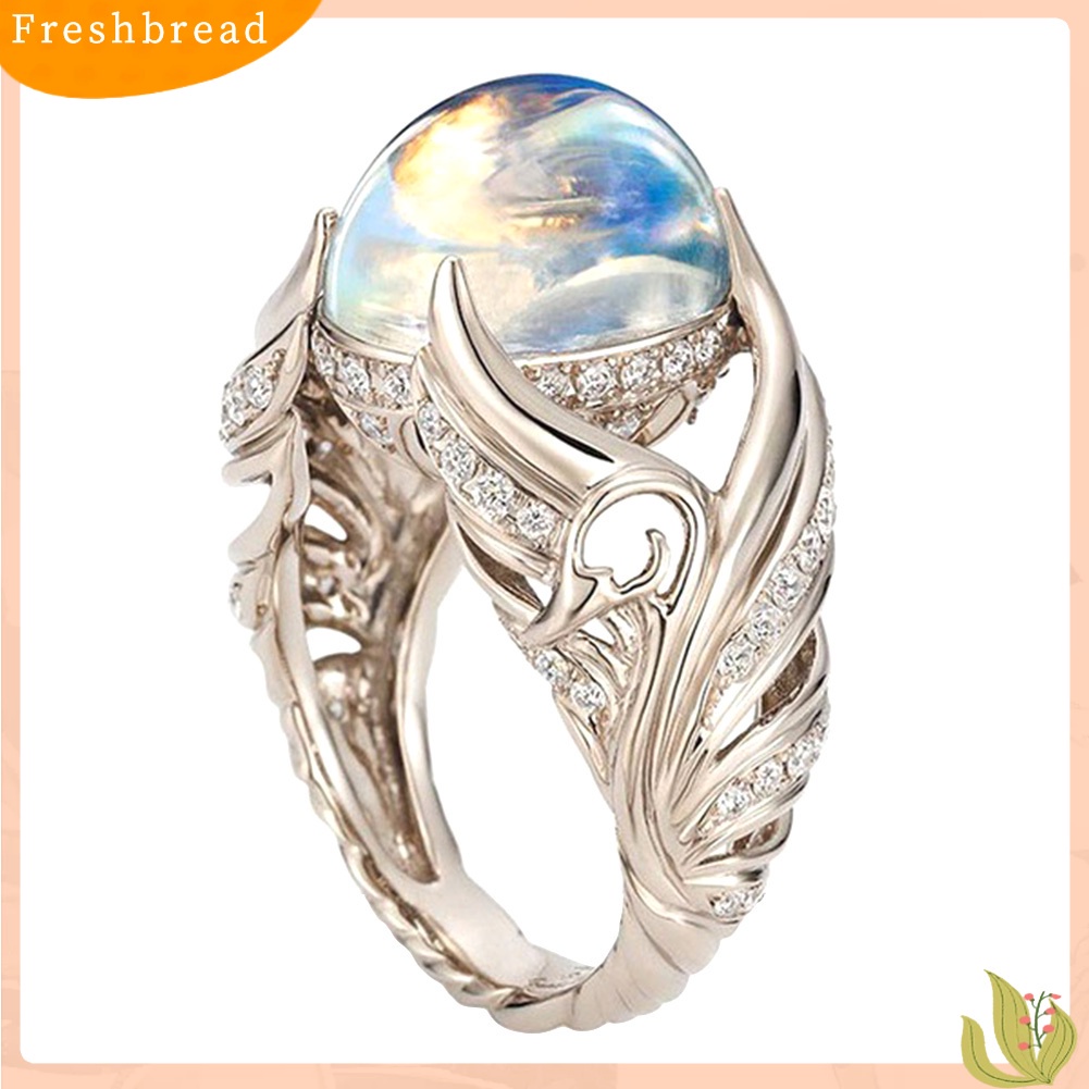 &lt; Freshbread &gt; Wanita Faux Moonstone Berlian Imitasi Bertatahkan Sayap Jari Cincin Hadiah Perhiasan Pernikahan