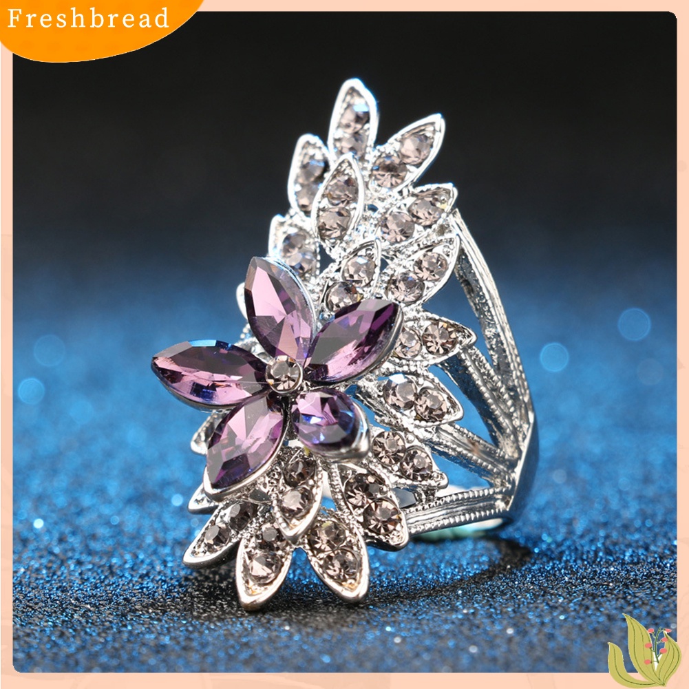 &lt; Freshbread &gt; Mempesona Berongga Bunga Cubic Zirconia Bertatahkan Jari Cincin Wanita Perhiasan Hadiah