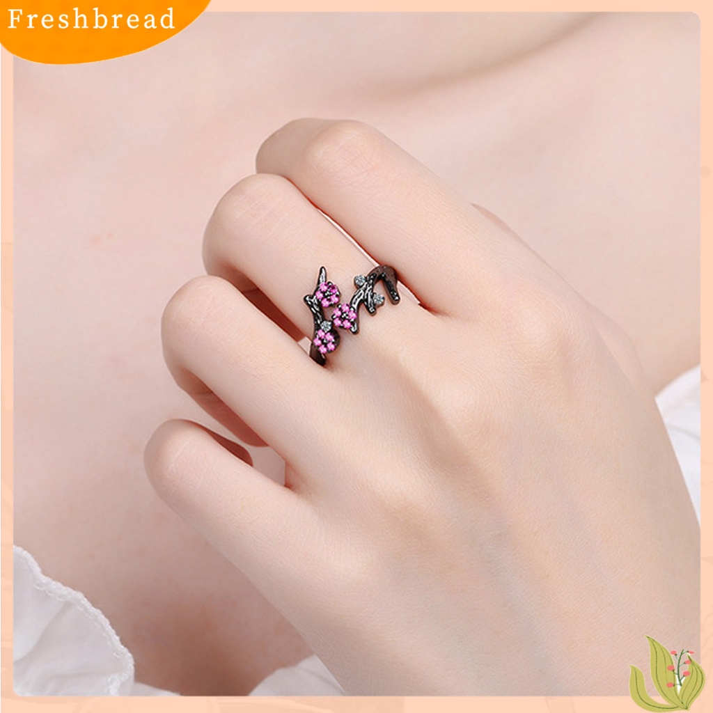 &lt; Freshbread &gt; Cincin Adjustable Open End Copper Blooming Plum Flower Rhinestone Ring Untuk Pakaian Sehari-Hari