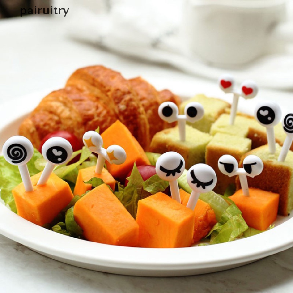 Prt Lovely 10pcs Tusuk Gigi Buah Plastik Lovely Eye Cartoon Forks Bento Hias PRT