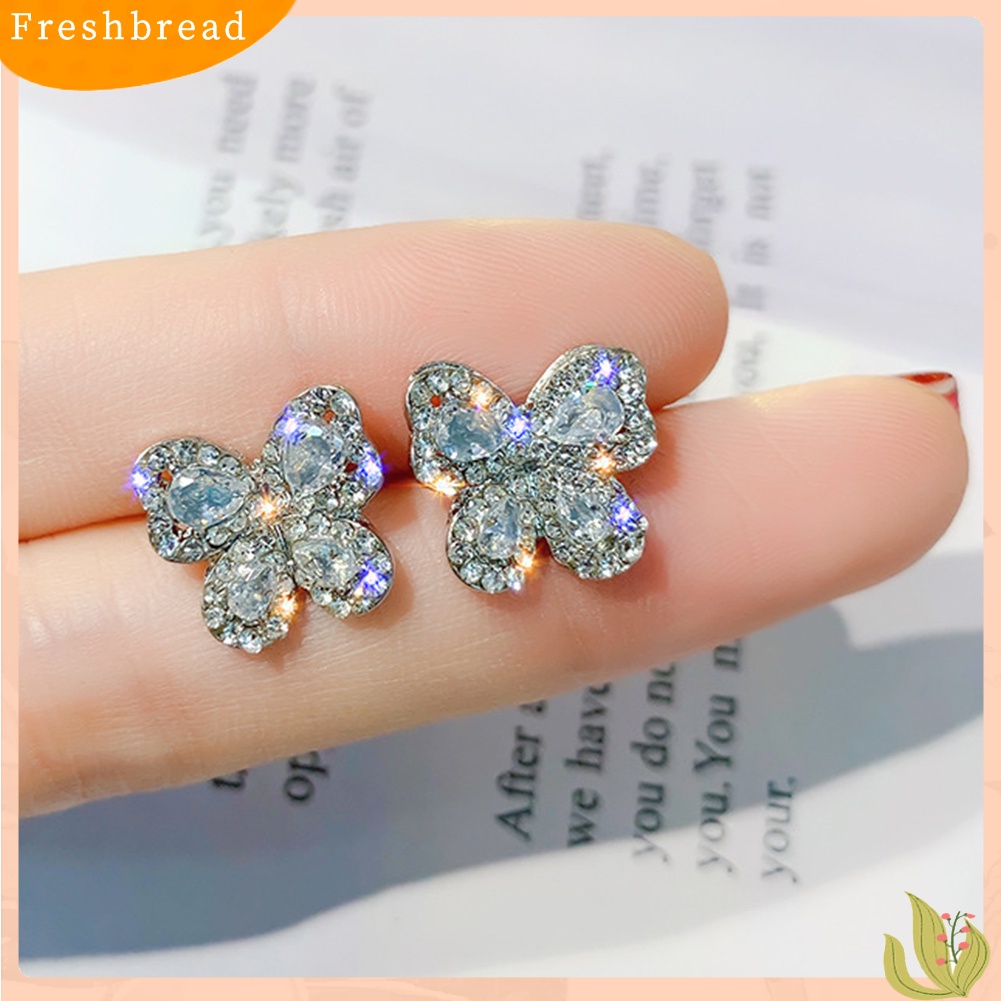 &lt; Freshbread &gt; Wanita Elegan Penuh Berlian Imitasi Bertatahkan Bentuk Kupu-Kupu Stud Earrings Perhiasan Hadiah