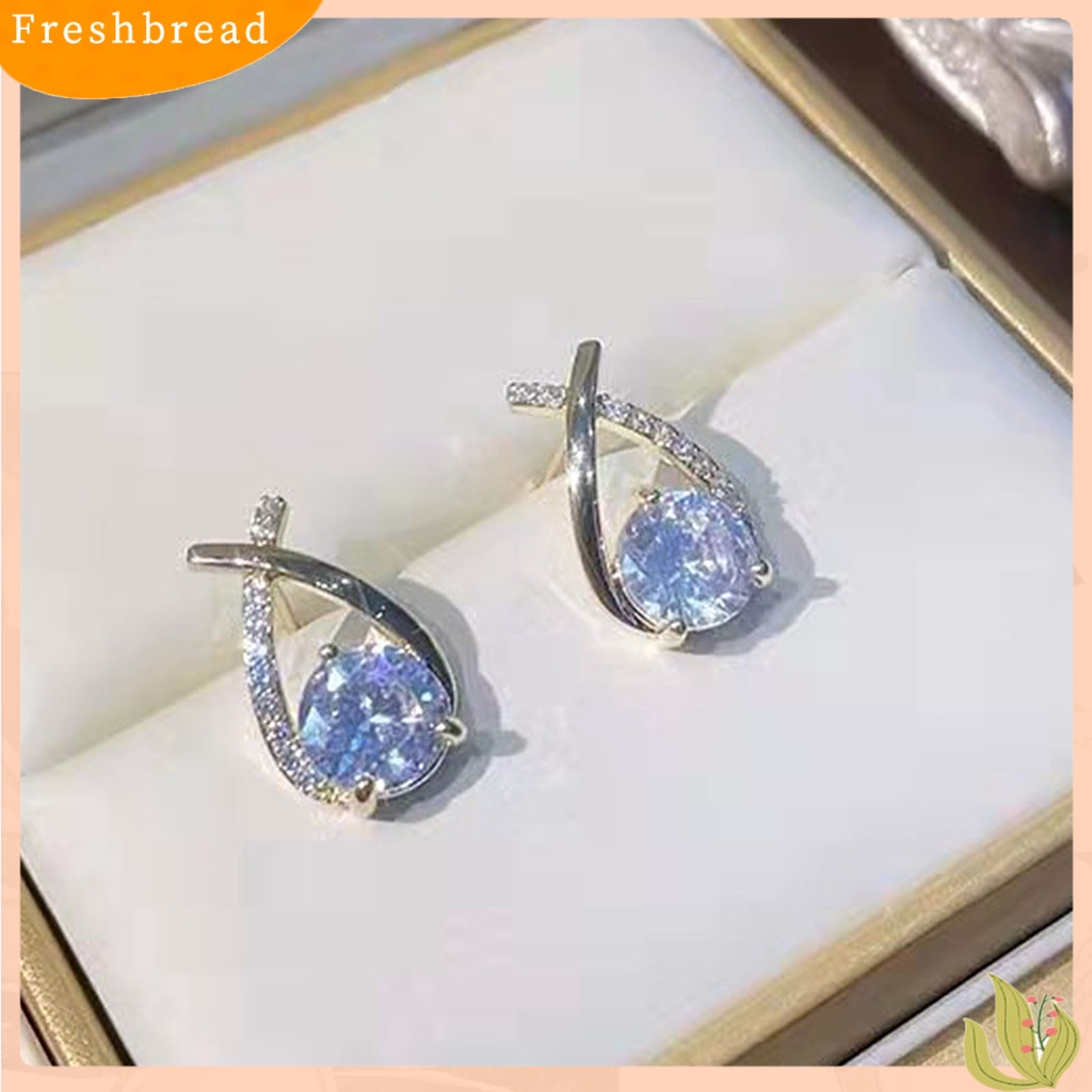 &lt; Freshbread &gt; 1pasang Anting Tusuk Wanita Cross-cut Rhinestones Perhiasan Tahan Lama Cerah Kilau Telinga Giwang Untuk Pernikahan