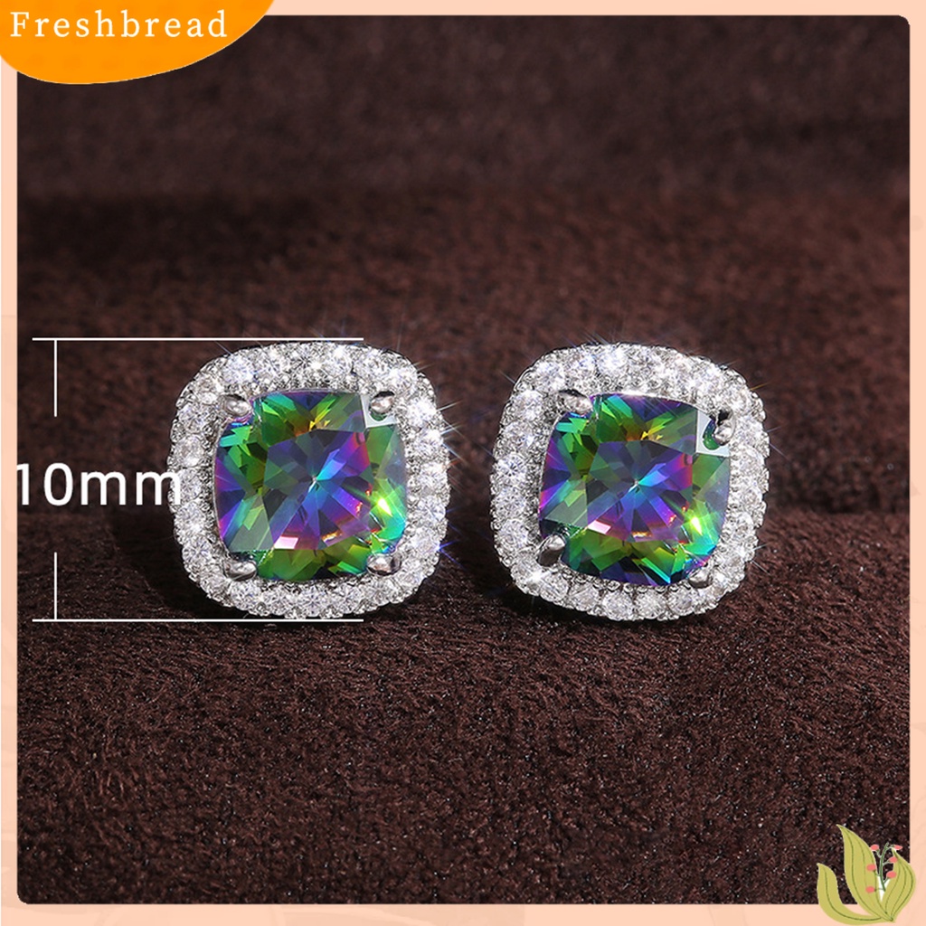 < Freshbread > 1pasang Anting Wanita Pengerjaan Halus Mewah Geometris Mata-catching Tahan Luntur Telinga Liontin Aksesori Wanita Rainbow Square Earrings Untuk Pesta