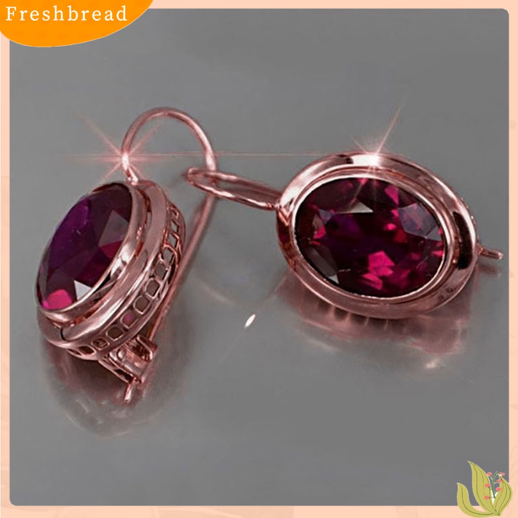 &lt; Freshbread &gt; 1pasang Merah Berlian Imitasi Wanita Anting Oval Alloy Berongga Shiny Clip Earrings Perhiasan Pernikahan