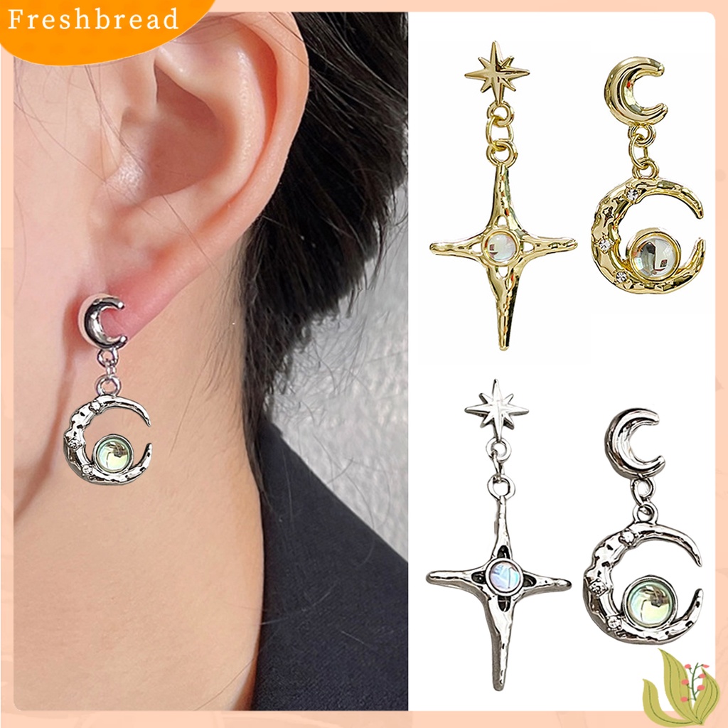 &lt; Freshbread &gt; 1pasang Anting Menjuntai Asimetris Moonstone Glitter Hiasan Telinga Temperamen Berkilau Bulan Bintang Hias Berlian Imitasi Retro Stud Earrings Untuk Pacaran