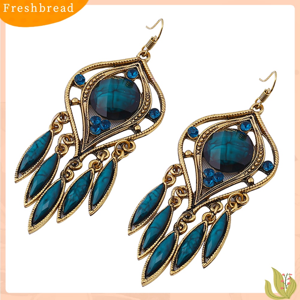 &lt; Freshbread &gt; Bohemian Wanita Berongga Ukir Resin Panjang Rumbai Menjuntai Kait Anting Perhiasan