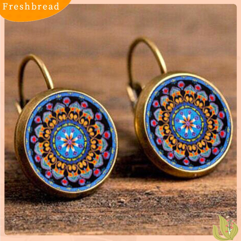 &lt; Freshbread &gt; Multicolor Mandala Bunga Lingkaran Faux Permata Ear Studs Wanita Leaverback Earrings