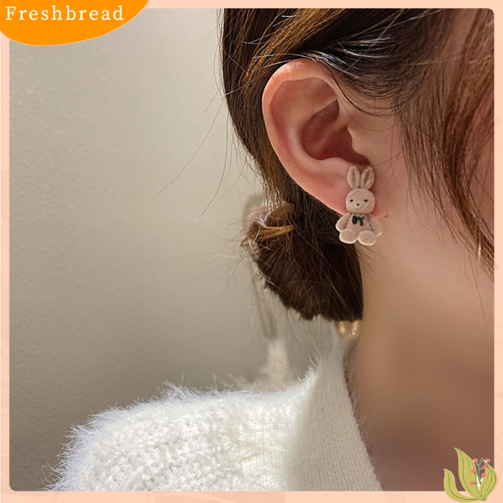 &lt; Freshbread &gt; 1pasang Ear Studs Elegant Silver plated Winter Hangat Flocking Velvet Rabbit Earrings Hadiah Hari Paskah