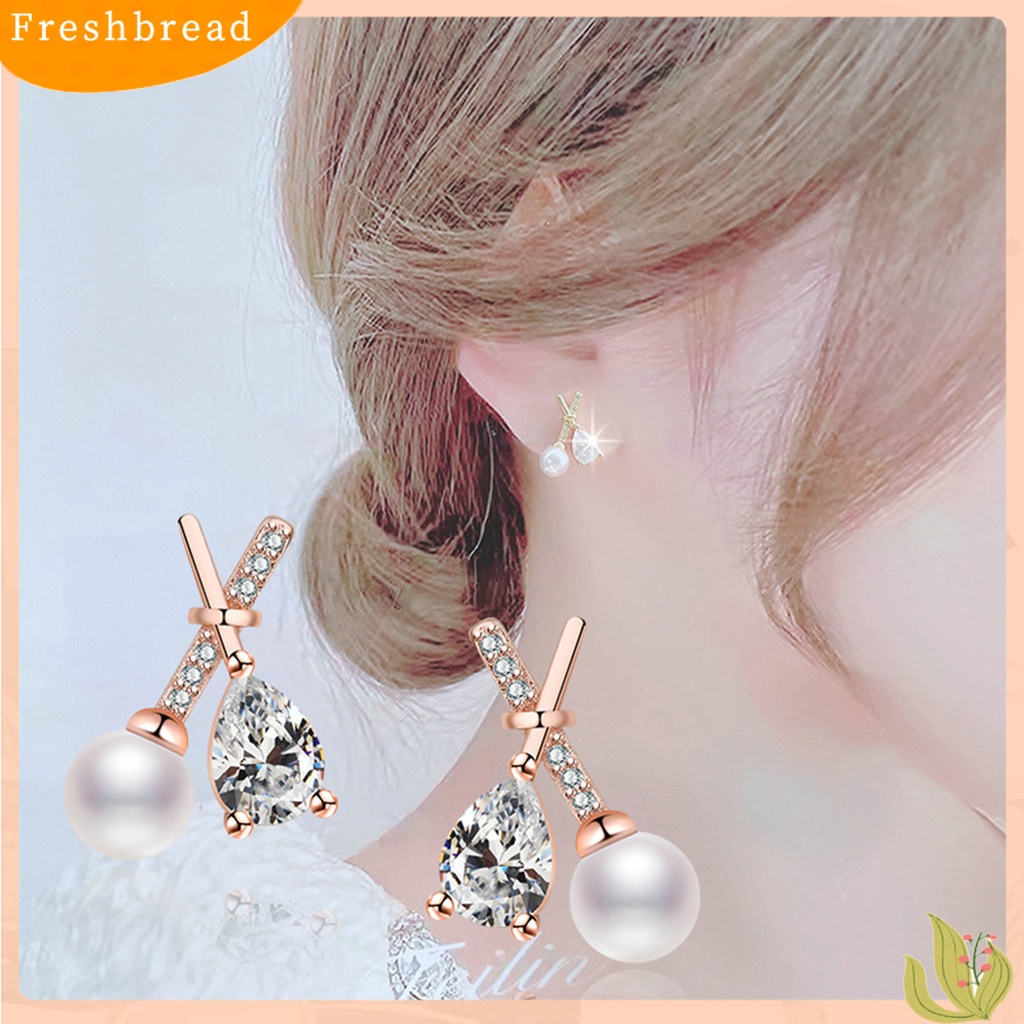 &lt; Freshbread &gt; 1pasang Ear Studs X Shaped Shining French Style Rhinestone Hias Dekorasi High Gloss Tidak Teratur Faux Zircon Pearl Women Earrings Untuk Pesta