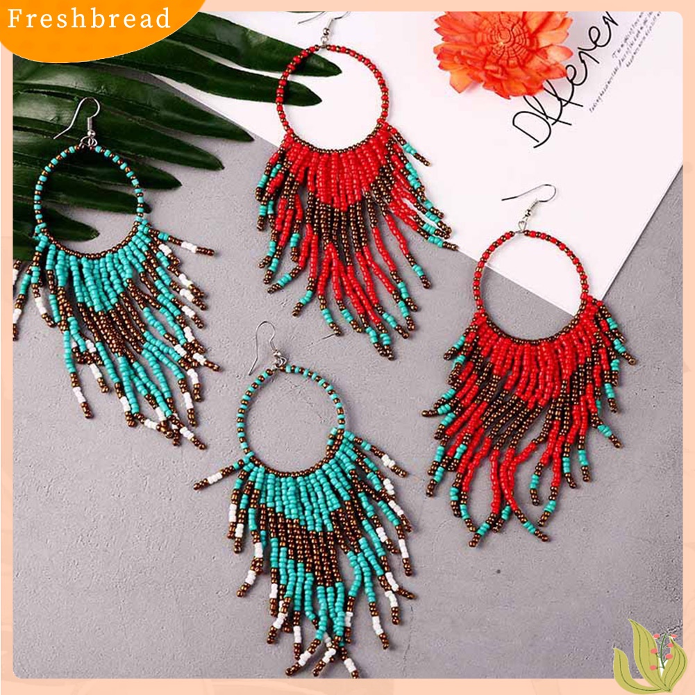 &lt; Freshbread &gt; Bohemian Wanita Manik-Manik Rumbai Bulat Menjuntai Kait Panjang Anting Pernyataan Perhiasan