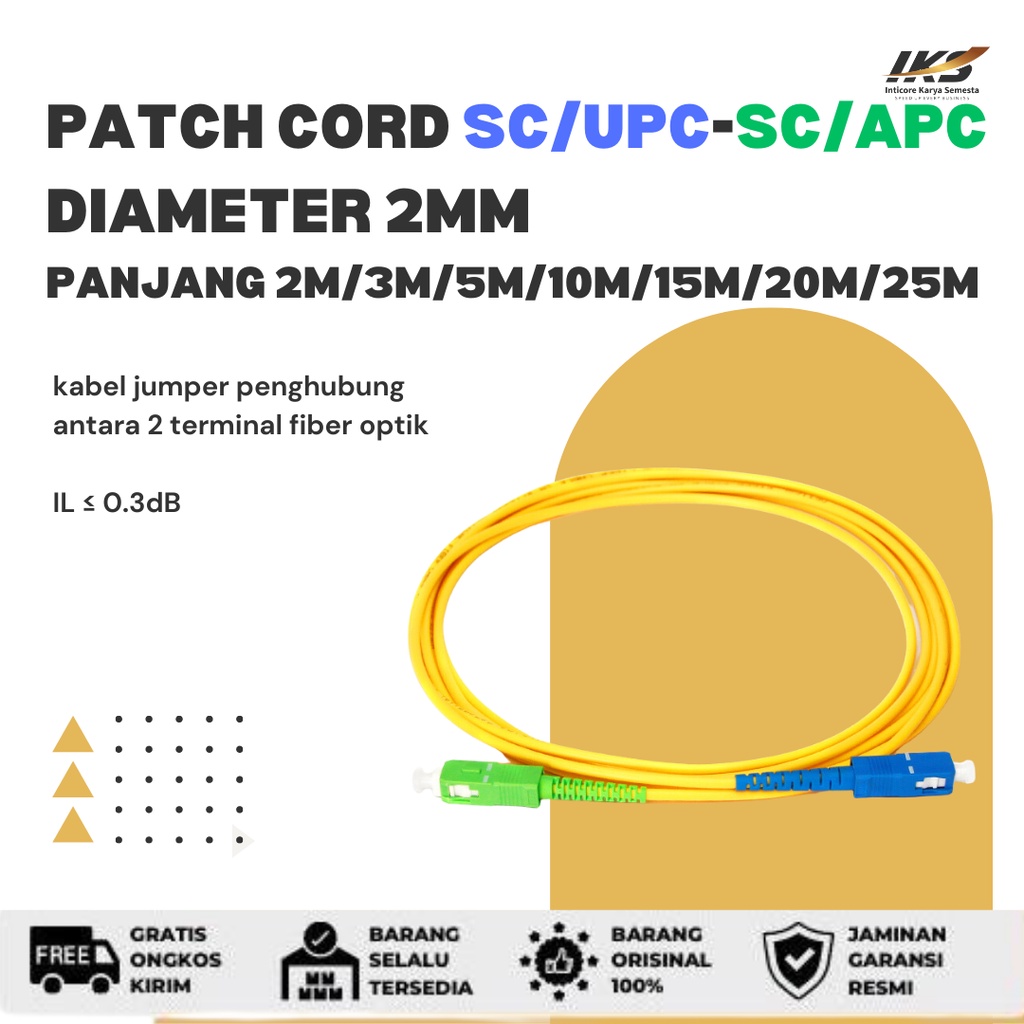 Patch Cord SC UPC - SC APC Fiber Optik Diameter 2mm Berbagai Ukuran