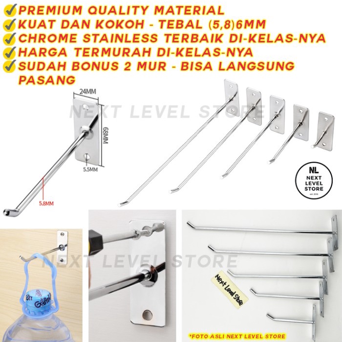 Wall Hook 10 CM Tebal 6mm - FREE 2 MUR - 10cm Cantolan Display Besi