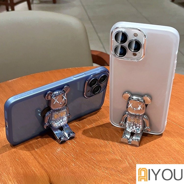 IPHONE Rotatable Violent Bear Lipat Stand Phone Holder Handphone Case Kompatibel Untuk Iphone14 12 13 11 Pro Max Silikon Mewah [Dengan Lensa Film] Transparan Lembut Shockproof Phone Case