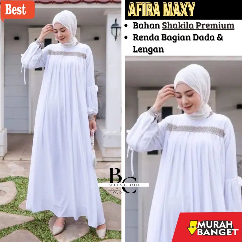 GAMIS SIZE BESAR TERBARU- Afira Dress-Baju Gamis Wanita Putih Terlaris- Baju Muslim Dress  Terbaru L