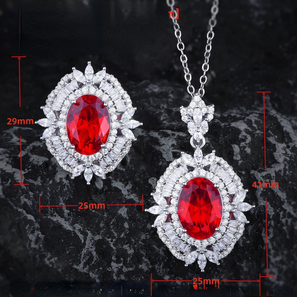 Goldkingdom Fashion Perhiasan Aksesoris Ready Stock Mewah Mawar Merah Berlian Turmalin Kalung Rasa Tinggi Temperamen Merah Korundum Burung Merpati Telur Cincin Liontin Harta Karun Warna-Warni Set