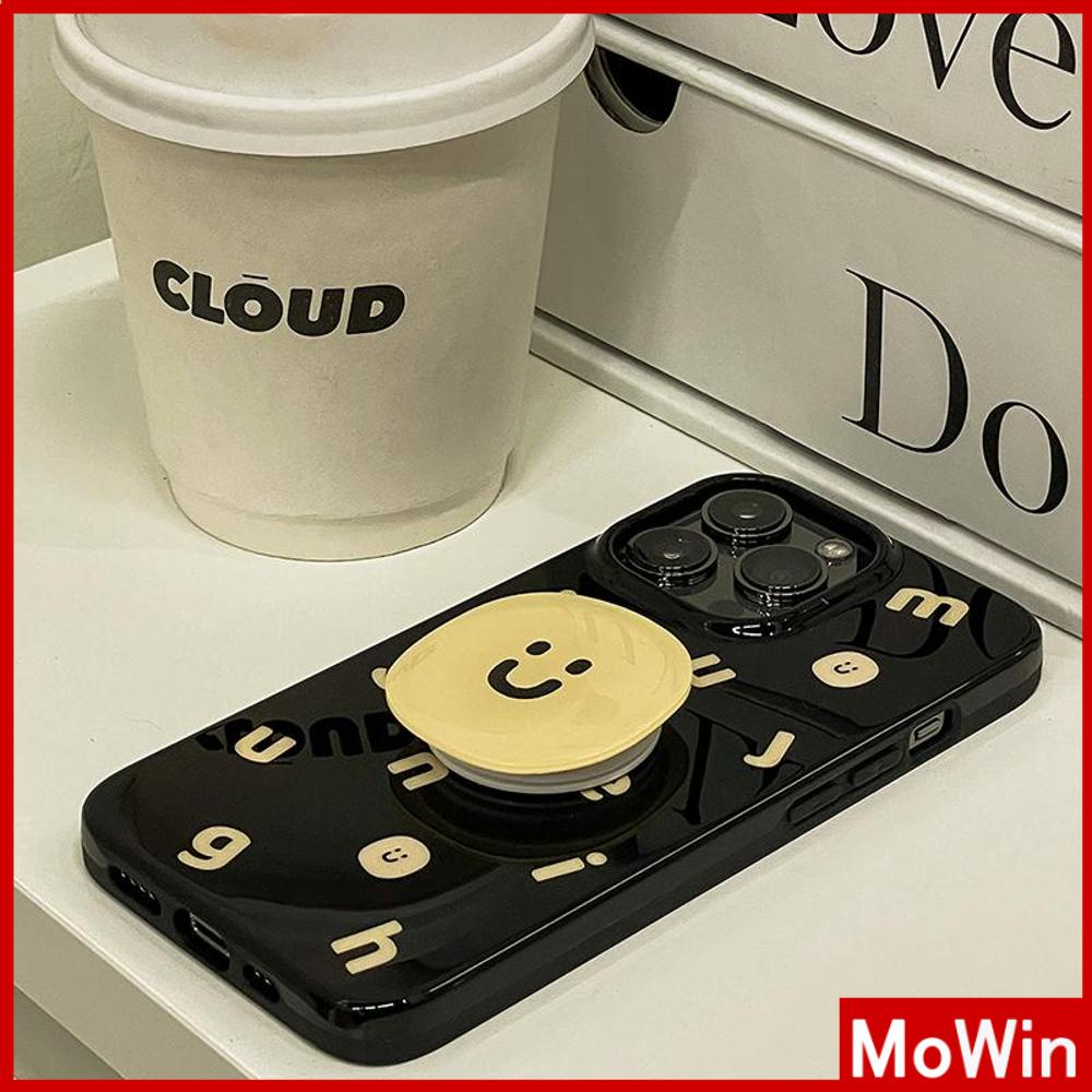 For iPhone 14 Pro Max iPhone Case Grip Stand Smile Face Folding Holder Black Glossy TPU Soft Case Yellow Letter Compatible with iPhone 13 Pro max 12 Pro Max 11 xr xs max 7Plus
