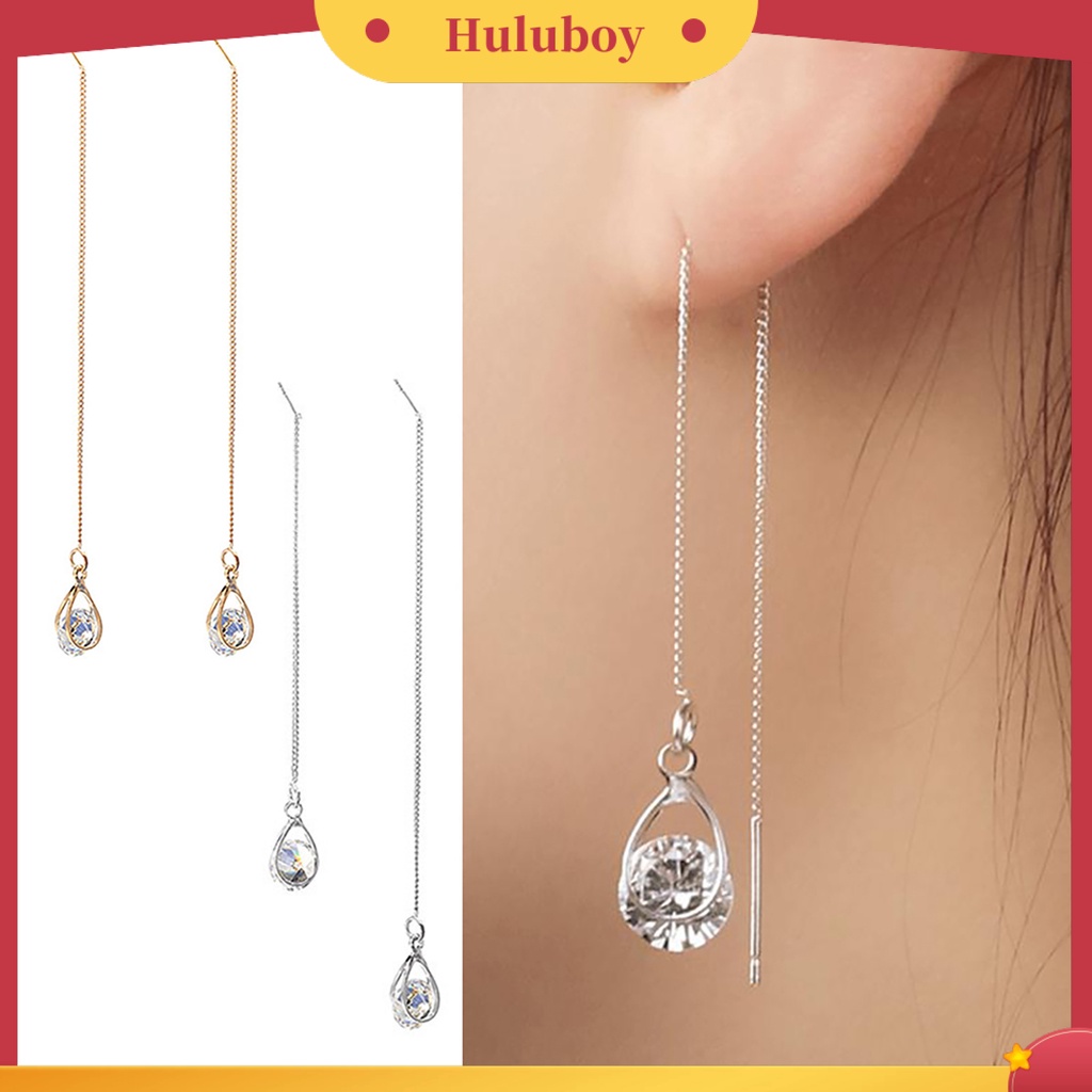 {Ready Stock} 1pasang Anting Bebas Timah Rantai Panjang Bentuk Teardrop Hias Berlian Imitasi Garis Telinga Untuk Pesta