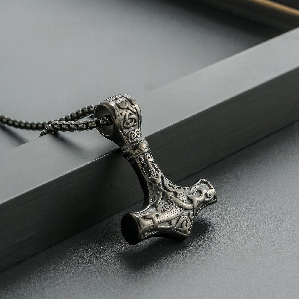 Mxbeauty Thor's Hammer Kalung Kreatif Minoritas Rantai Stainless Steel Norse Viking Halloween Kalung Pria Rantai Leher