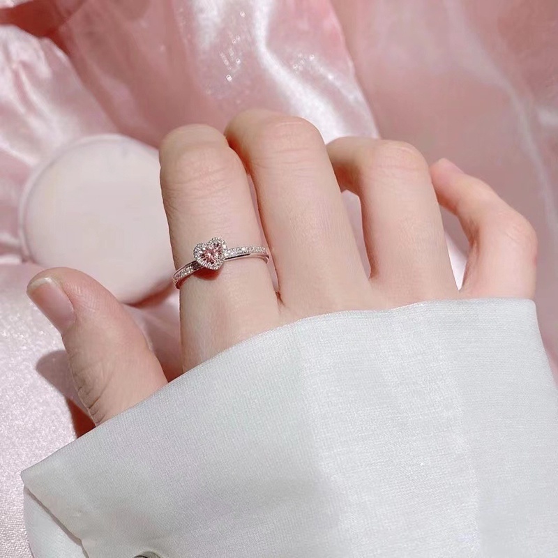 Wanita Fashion Merah Muda Jantung Cincin Zirkon Berlian Imitasi Cincin