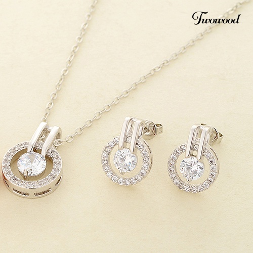 Twowood Women's Zircon Round Pendent Choker Rantai Kalung Anting Set Perhiasan Pernikahan