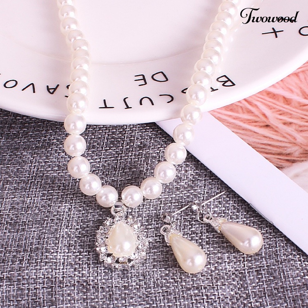 Twowood Water Drop Mutiara Imitasi Manik-Manik Berlian Imitasi Bridal Kalung Anting Set Perhiasan