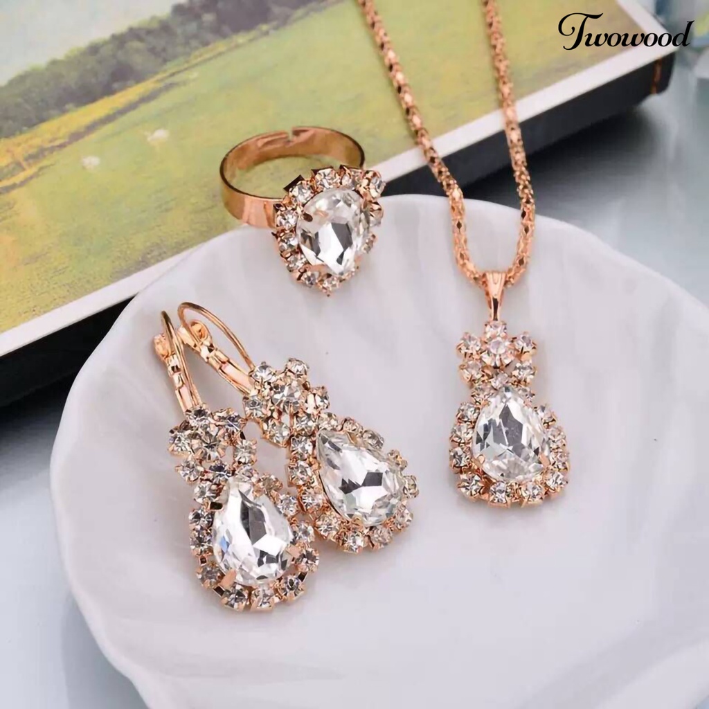 Twowood 3Pcs/Set Klip Telinga Warna Cerah Paduan Kalung Anting Cincin Set Tetesan Air Berlian Imitasi Liontin Kalung Anting Cincin Perhiasan Aksesori