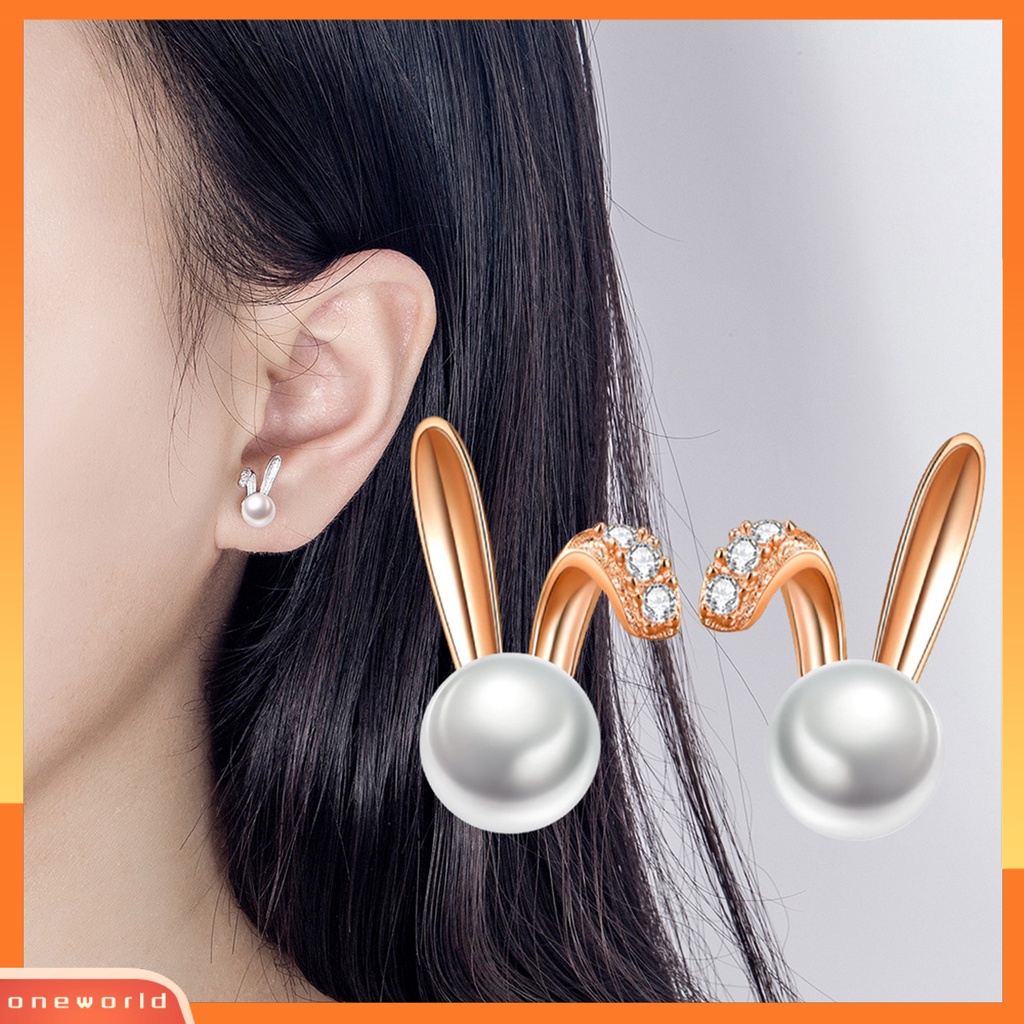 [ONE] 1pasang Ear Studs Geometric Charming Shining Piercing Tanpa Sakit Memakai Dekorasi Hypoallergenic Kelinci Mutiara Imitasi Anting Perhiasan Aksesori