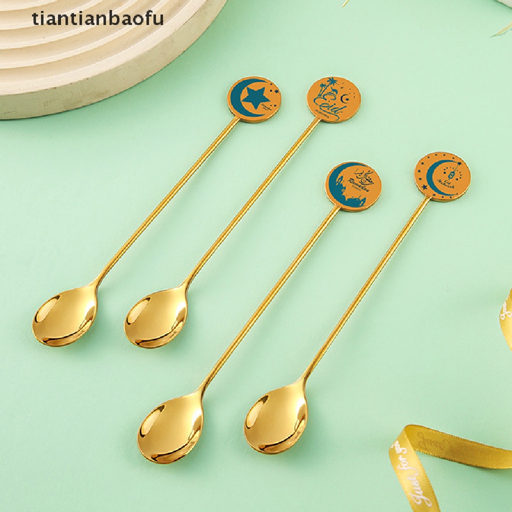 [tiantianbaofu] New Gold Eid Mubarak Star Moon Pendant Spoon Stainless Steel Peralatan Makan Islam Liburan Muslim Rumah Pesta Peralatan Makan Dekorasi Butik