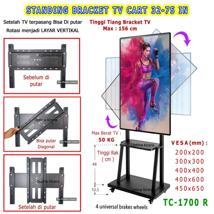 Bracket TV Cart Standing Berdiri Roda TC1700R Rotary Putar 32 65 70 75