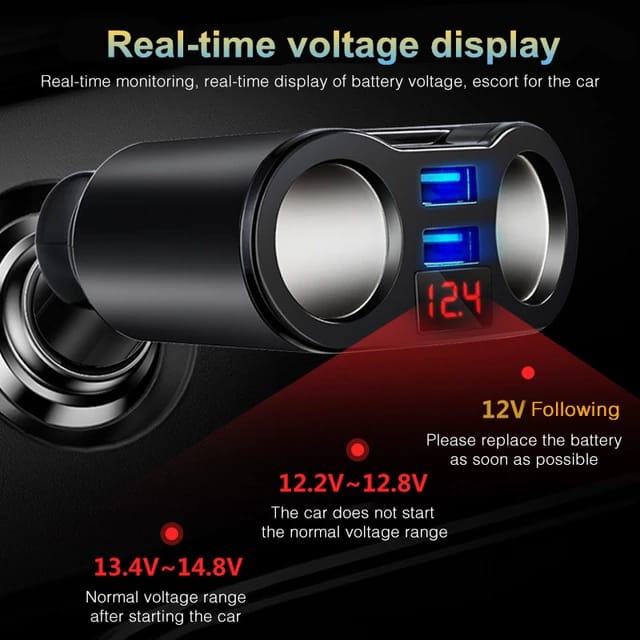 4 in 1 Car Charger Cas Mobil 3.1A Fast Charging dengan Monitor Voltage 2 Cigarette Lighter Socket