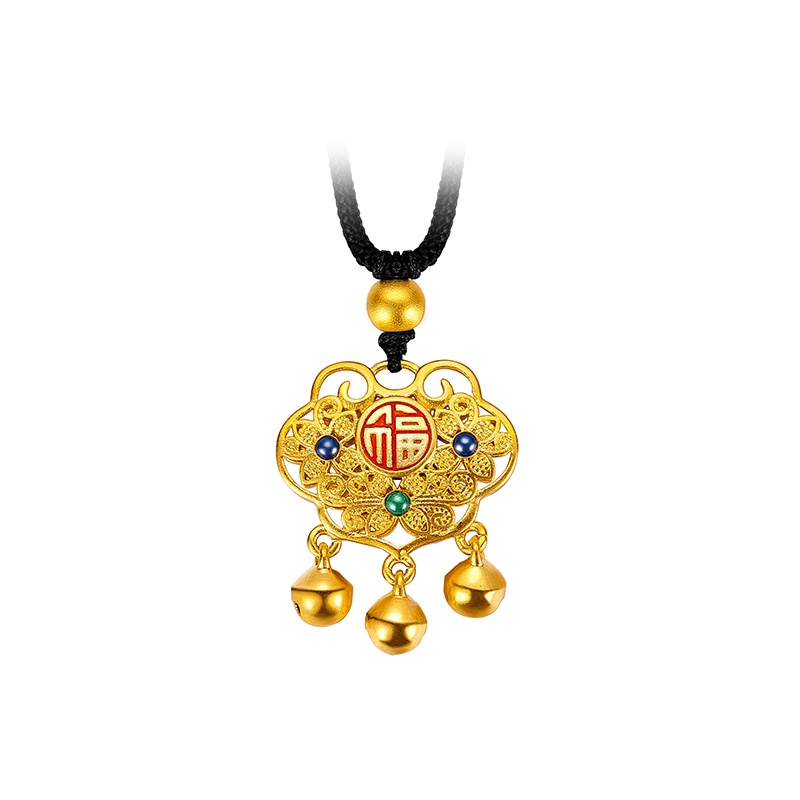 Goldkingdom Perhiasan Fashion 24 K Bangkok Aksesoris Ready Stock Lonceng Angin Cina Panjang Umur Lock Liontin Enamel Bakar Biru Fu Karakter Bayi Lock Kalung Safe Lock