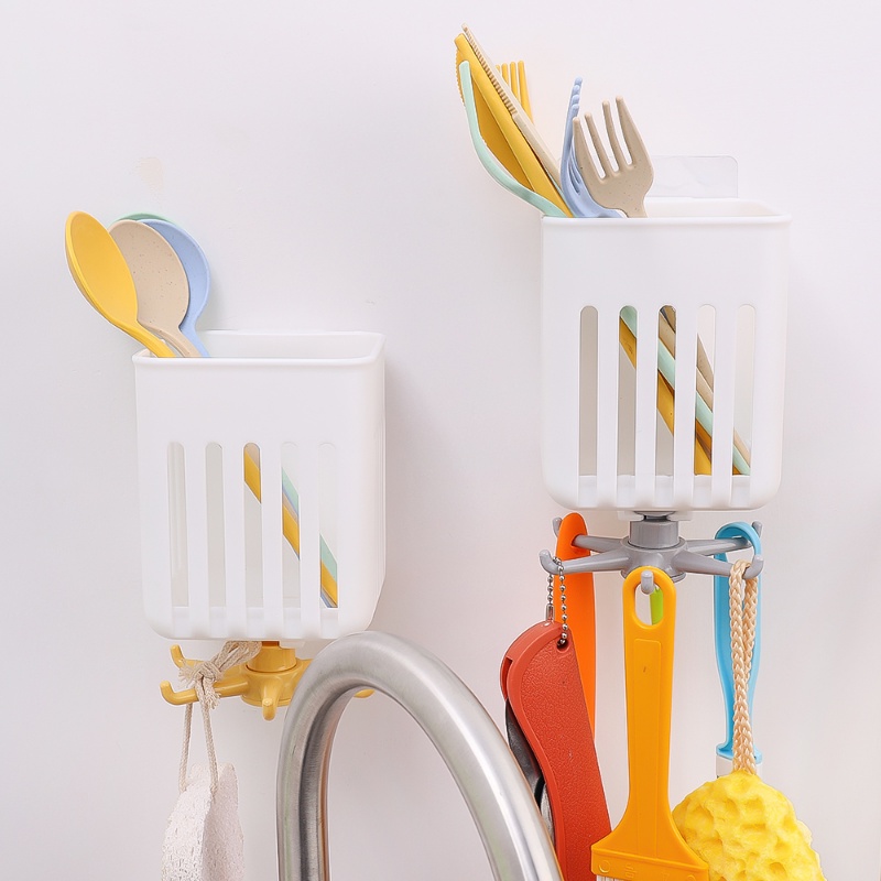 Kotak Penyimpanan Sumpit PP Tempel Dinding Portable/Kait 360derajat Dapat Diputar 6cakar/peralatan Masak Serbaguna Dapur Organize Rack