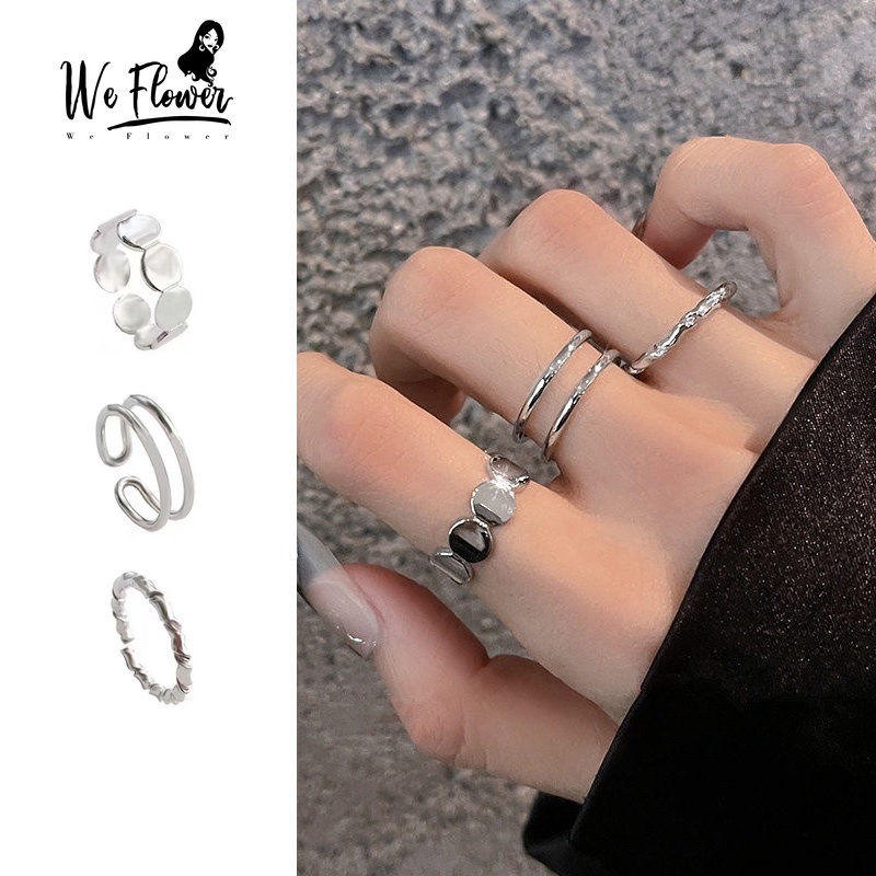 We Flower 3PCs Minimalis Geometris Susun Perak Cincin Set Untuk Wanita Pria Unisex Gaya Aesthetic Terbuka Cincin Jari Manset Perhiasan Aksesoris
