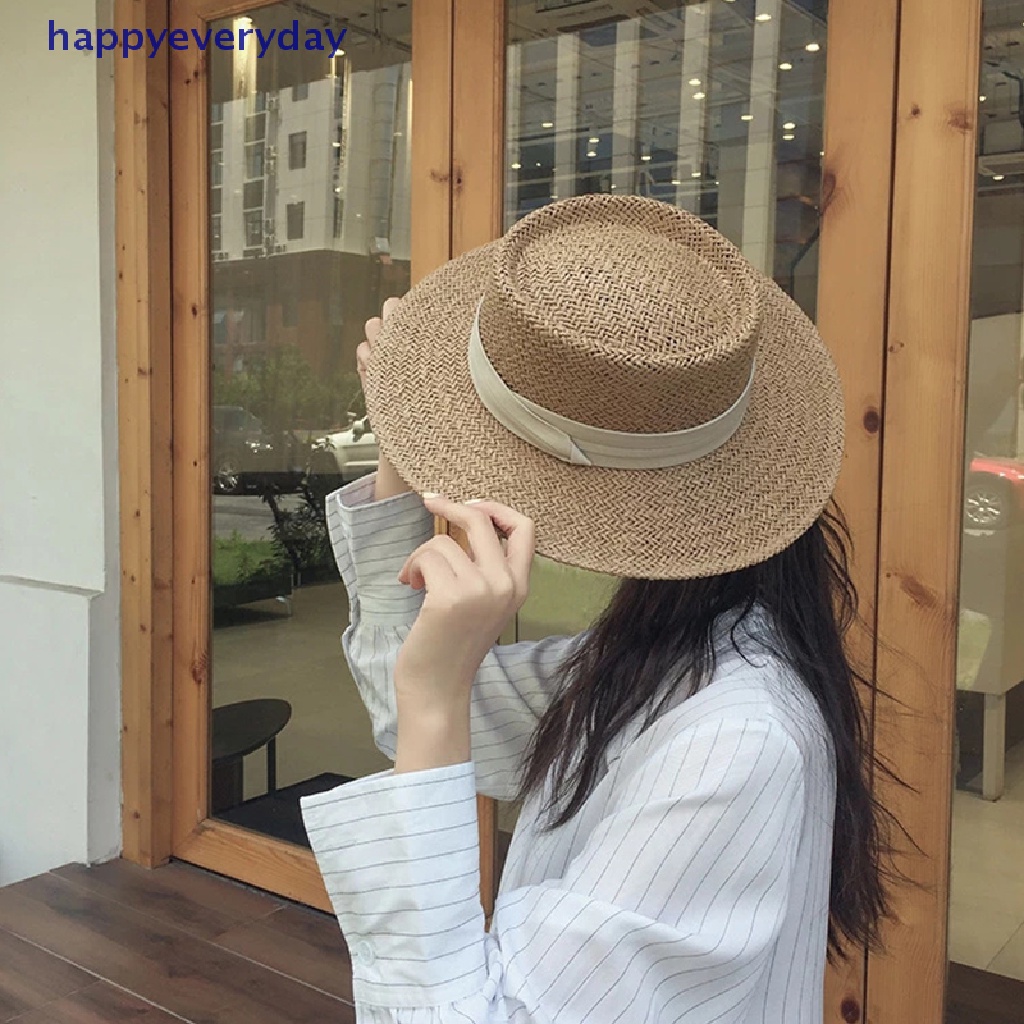 [happy] Natural Straw Hat Topi Pantai Pria Topi Cekung Datar Pelindung Visor Topi Perahu Matahari [ID]