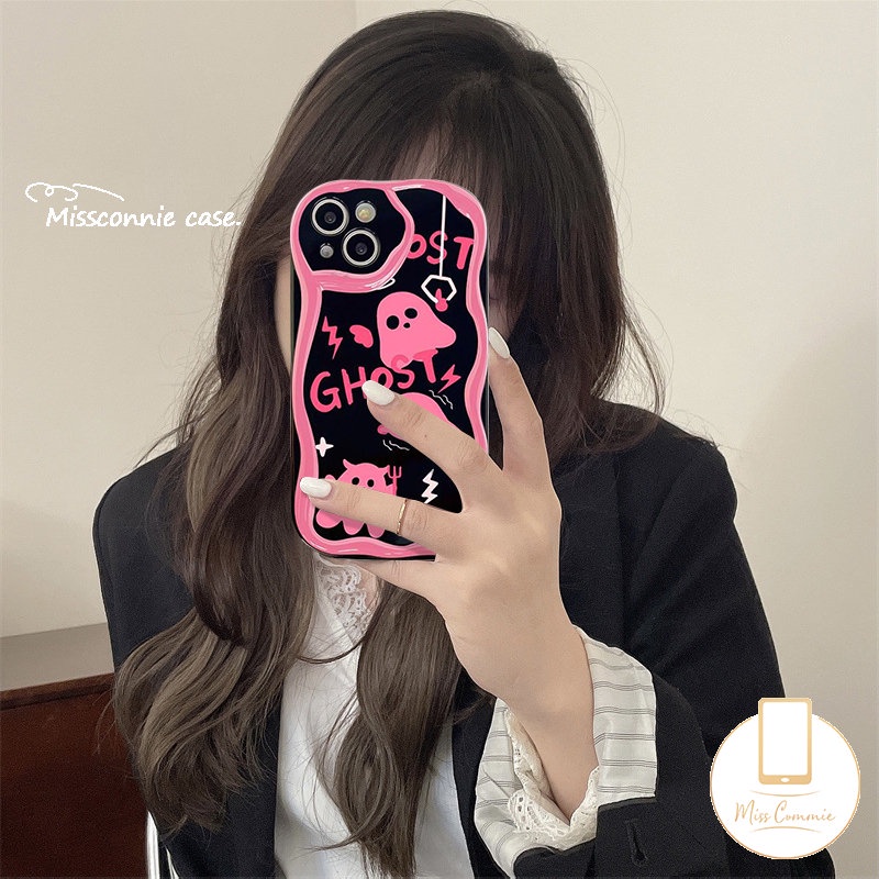 IPHONE Casing Ponsel Tpu Lembut Soul Ghost Lucu Kompatibel Untuk Iphone7 8 6s 6 Plus XR 11 13 12 14 Pro Max X XS Max SE 2020 3D Wavy Curved Edge Glossy Shockproof Pink Cover