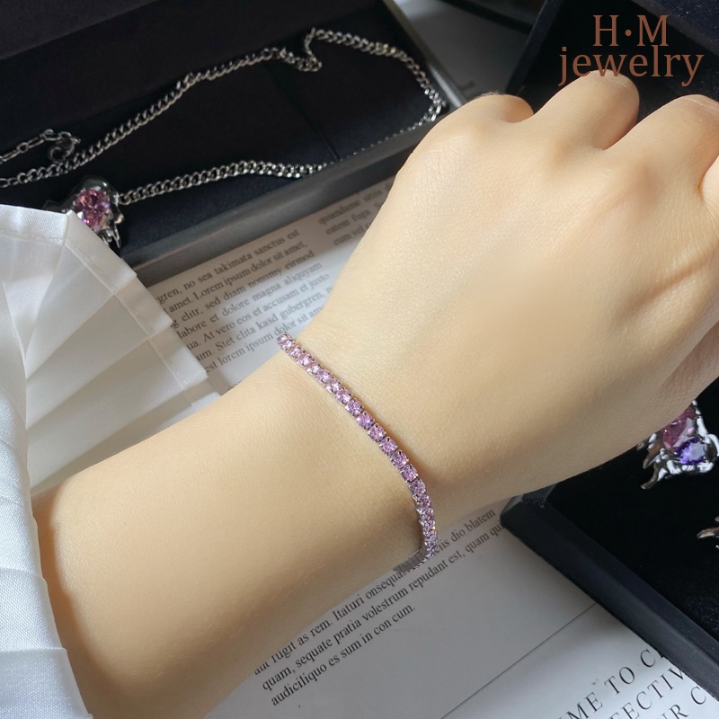 S925 Perak Fashion Sederhana Bertatahkan AAA Zirkon Gang Bor Gelang Warna Berlian Imitasi Gesper Gelang