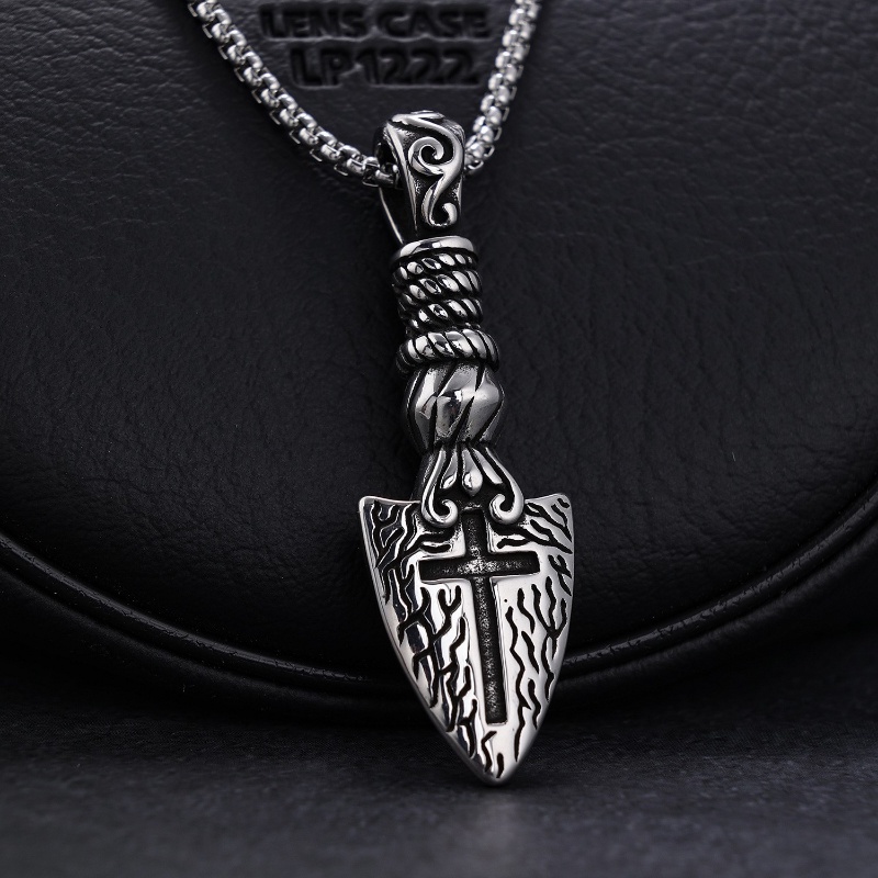 [X C Kalung] Baru Silvery Vintage Viking Salib Tombak Baja Titanium Liontin Punk Hip Hop Stainless Steel Kalung Hadiah Pesta Ulang Tahun Untuk Pria Dan Wanita