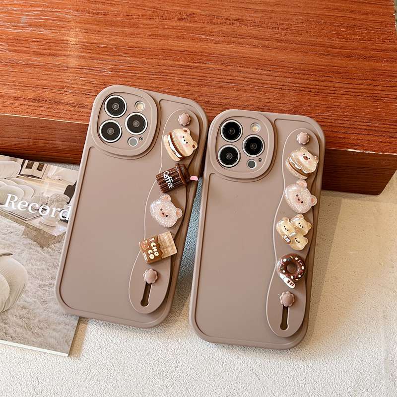 IPHONE Gelang Boneka Beruang Kopi Coklat Support Soft Case HP iP Iphone6 6S 7 8 14+Plus SE 2020 X XS XR 11 12 13 Pro Max Cewek Woman FTD Casing Apple