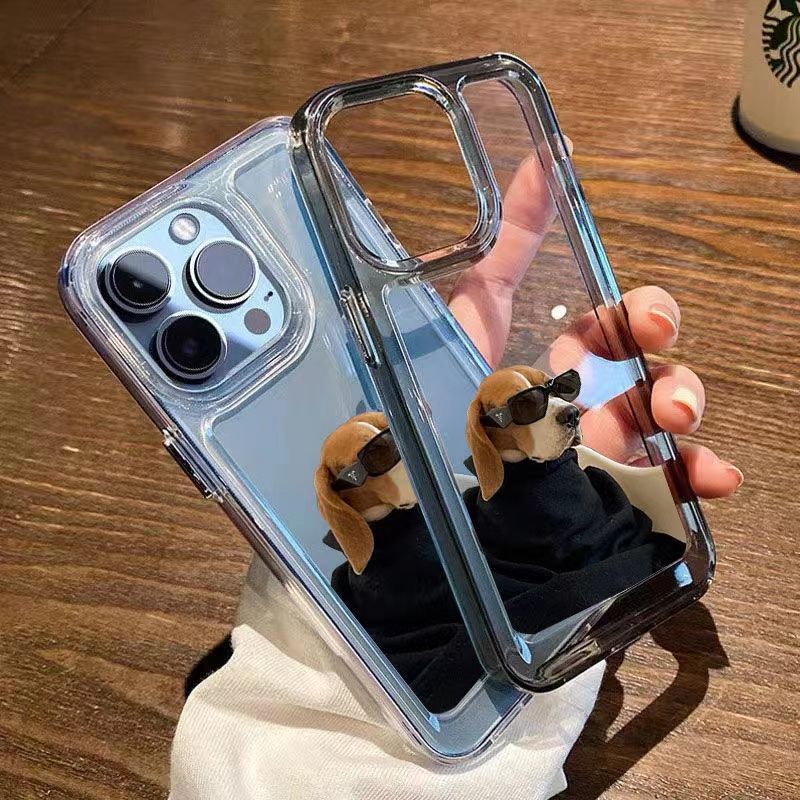 IPHONE Kacamata Hitam Anjing Lembut Shockproof Case Kompatibel Untuk Iphone11 14 13 12 Pro XS Max X XR 7 +8 6 6S Plus Casing Transparan TPU Unik Tombol Penutup Kamera Perlindungan