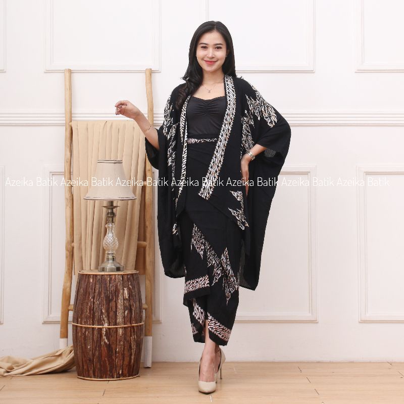 Cardigan Batik Wanita Modern One Set Rok Lilit Baju Kondangan Wanita Outer Batik Kimono Outfit Konda