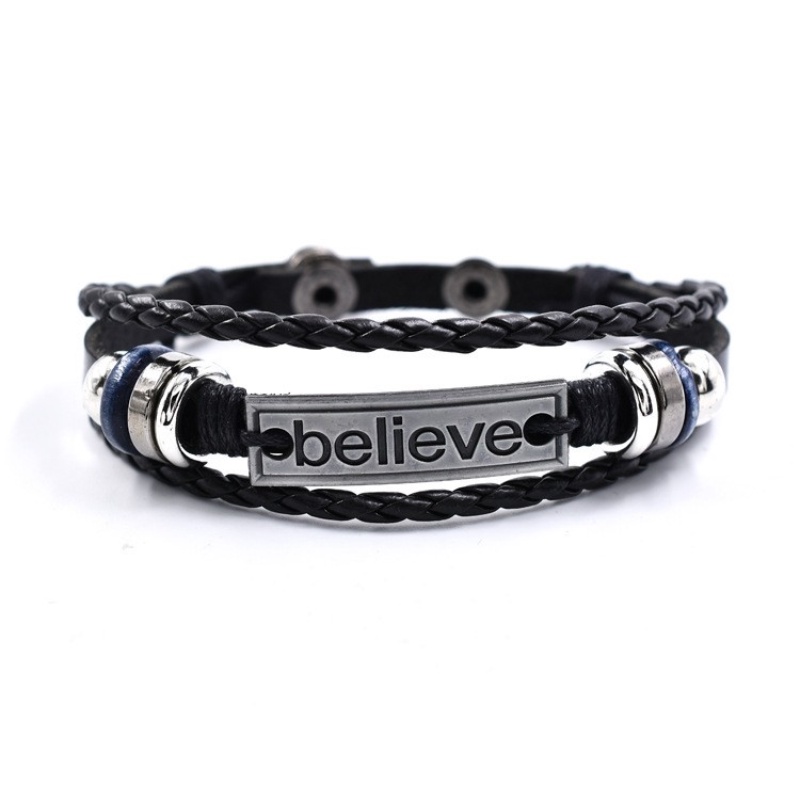 [Z H Jewelry] Vintage believe Beaded Leather Bracelet Fashion Pria Dan Wanita Stainless Steel Multilayer Gelang Punk Pesta Rock Perhiasan Aksesoris