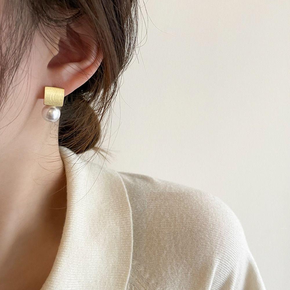 Needway Square Stud Earrings Trendy Golden Geometirc Elegan Indah Sederhana Anting Gaya Korea