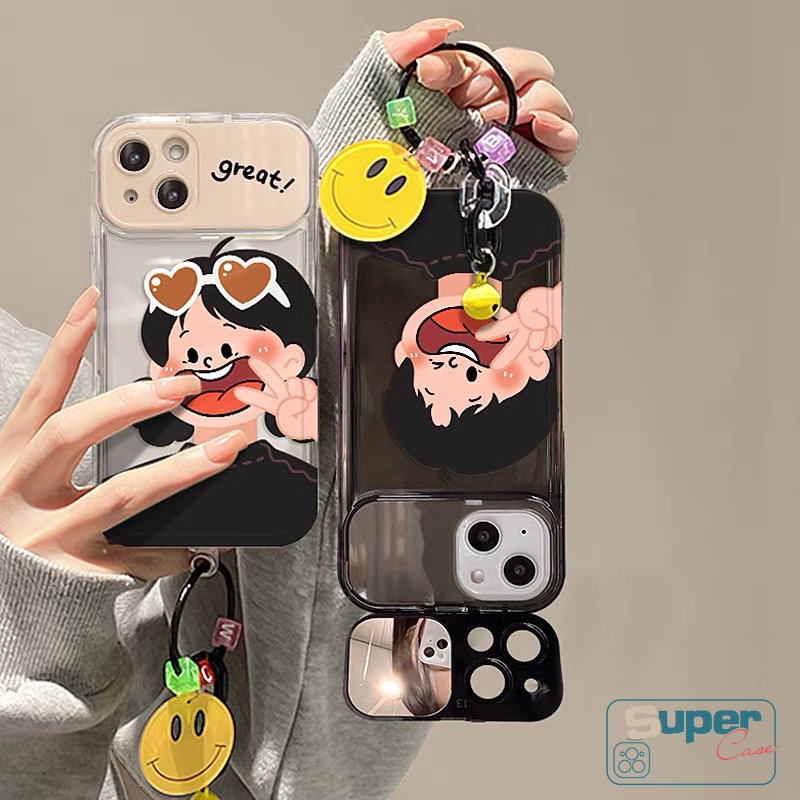 IPHONE 3d Gelang Kartun Smiley Case Kompatibel Untuk Iphone13 11 12 14 Pro MAX XR 7 8 14 Plus X XS MAX SE Lucu Kreatif Flip Make Up Cermin Cowok Cewek Shockproof Lembut Pasangan Cover