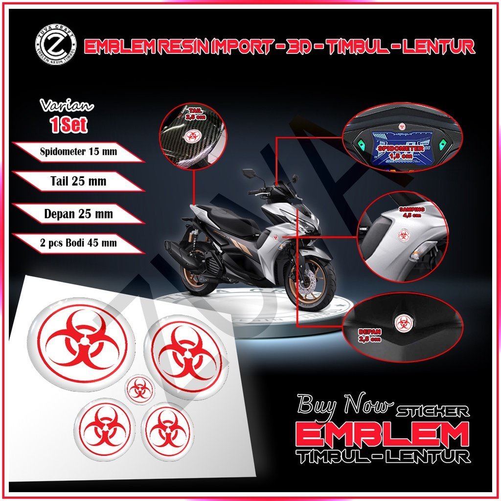 STIKER MOTOR 3D TIMBUL LENTUR EMBLEM LOGO BIOHAZARD PUTIH YAMAHA AEROX NMAX LEXI SET AESTHETIC KEREN
